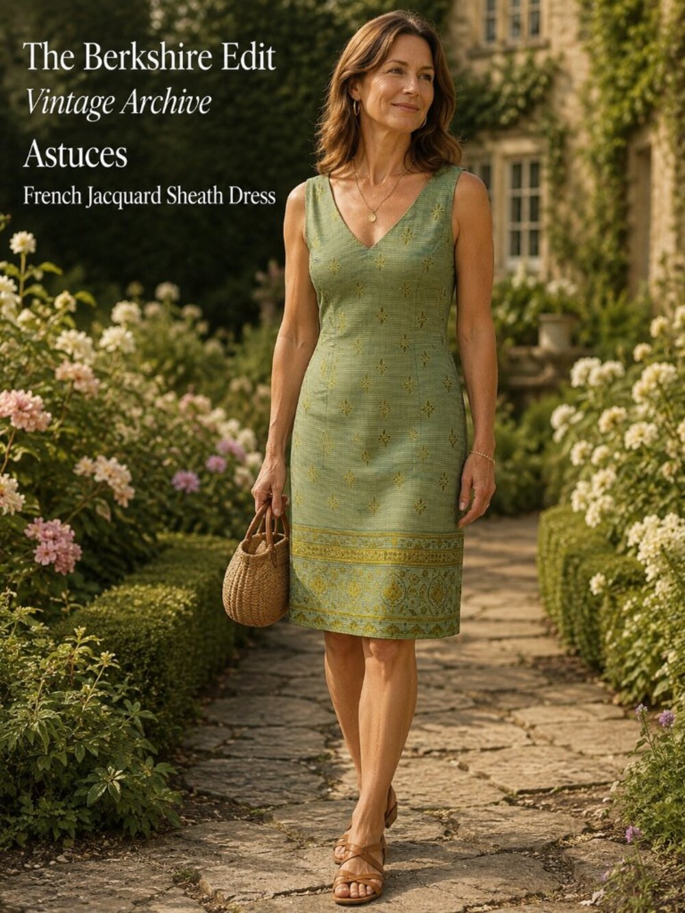Vintage Astuces France Jacquard Sheath Dress Green Gold Size 3 / U.S. 8 / Medium